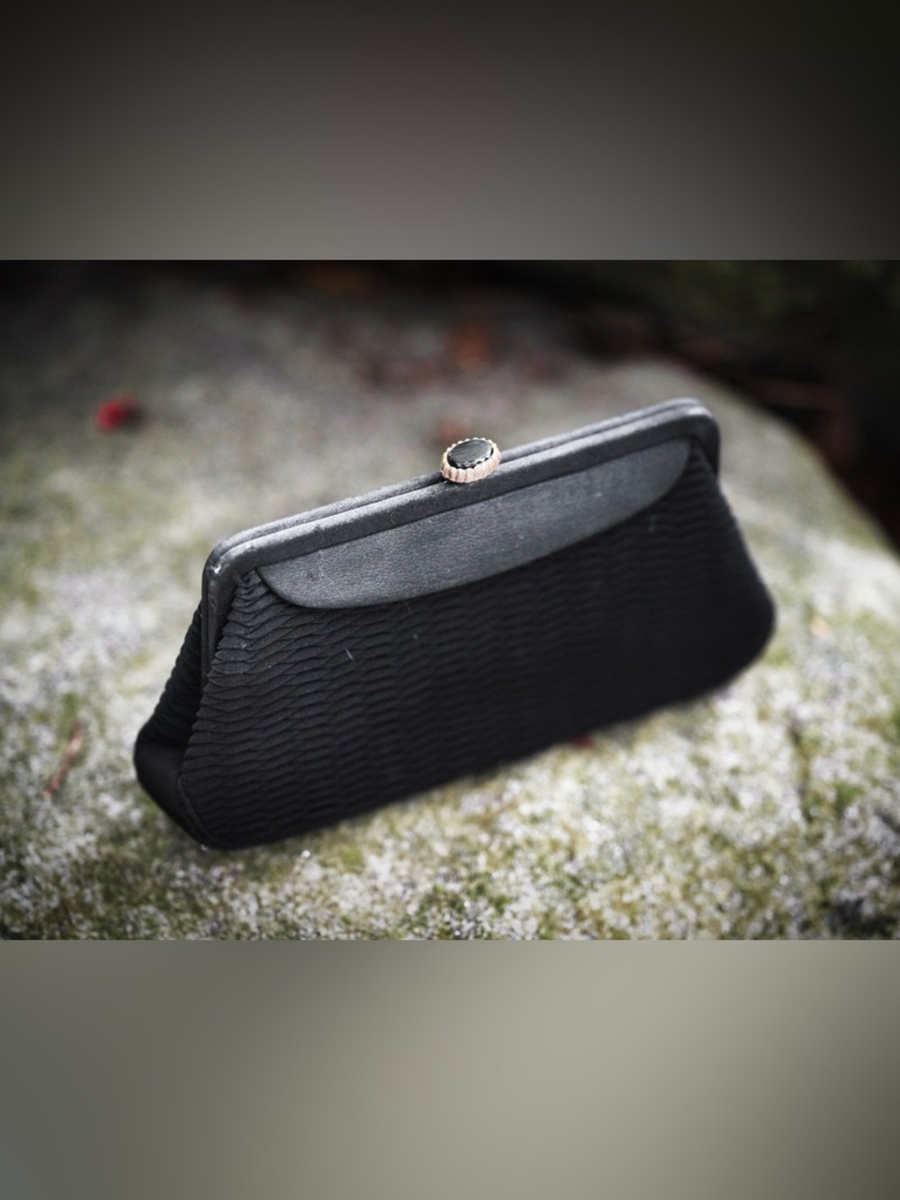 Vintage Black Pleated Satin Evening Clutch - Gold Kiss-Lock Frame